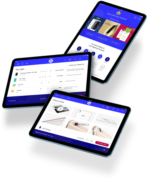 Drei Tablets zeigen die Jio inStore App