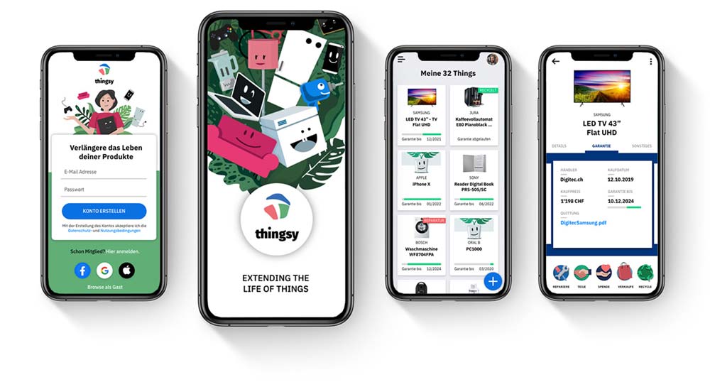 Vier Smartphones zeigen Beispielscreens der Things App